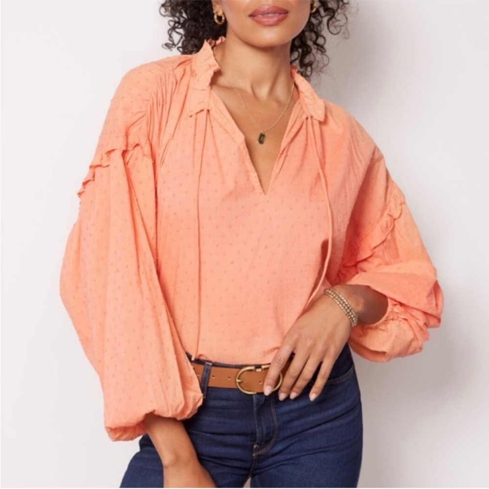 Cleobella Phoenix Blouse Medium Coral Peach Boho Bohemian‎ Peasant Cotton